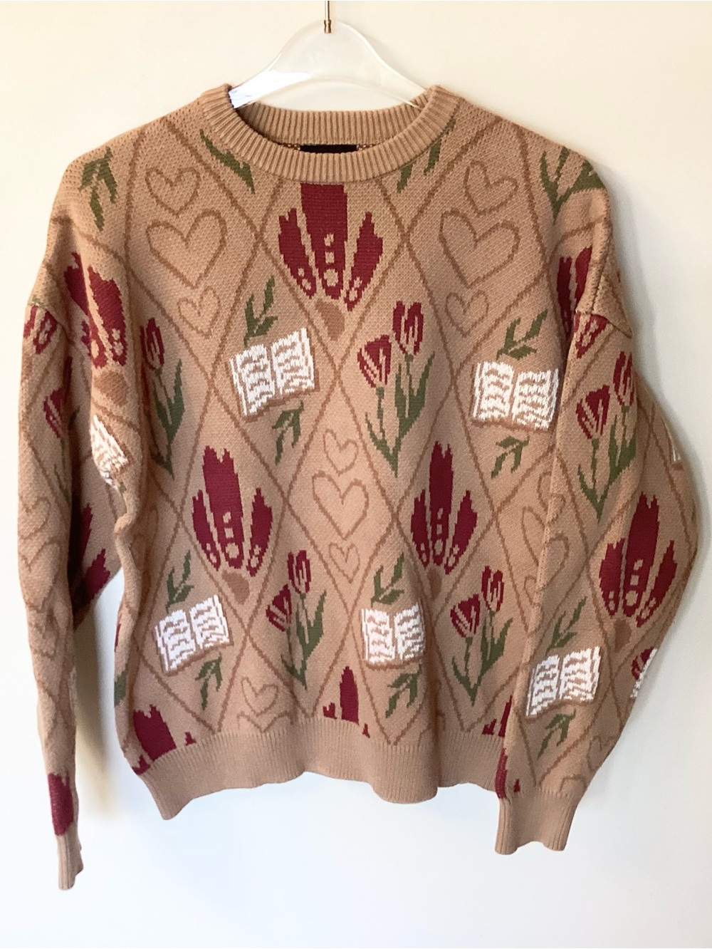 Book Babe Designs 100% Cotton Bookish Crewneck Sweater Hearts Books - Tan - M